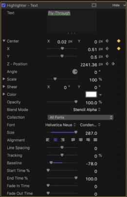 highlighter-text settings for fly-through